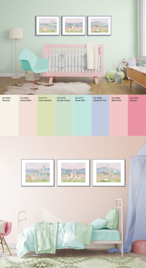 The top image shows a baby girl nursery with Sherwin Williams Jocular Green walls and the bottom image shows a toddler bedroom with Lotus Petal pink walls. The color palette in the middle is inspired from the llama and cactus print set on the walls. Pastel Coloured Bedroom, Nursery Ideas Pastel Colors, Colourful Playroom Ideas, Toddler Room Color Palette, Girls Room Color Palette, Pastel Toddler Girl Room, Girl Room Color Palette, Pastel Colour Bedroom Ideas, Daughter Room Ideas