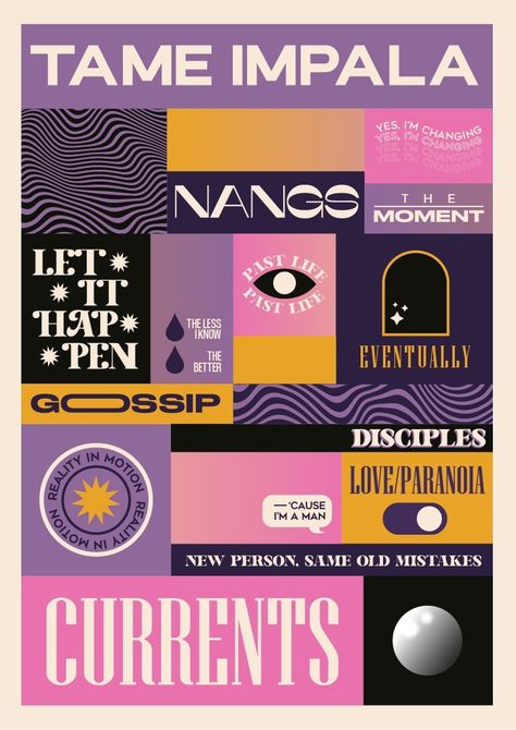 Tame Impala Currents Poster, Album Tour Poster, Posters Layout On Wall, Posters On Wall Bedroom Room Ideas, Currents Tame Impala, Adobe Illustrator Poster, Tame Impala Poster, Music Branding, Kevin Parker