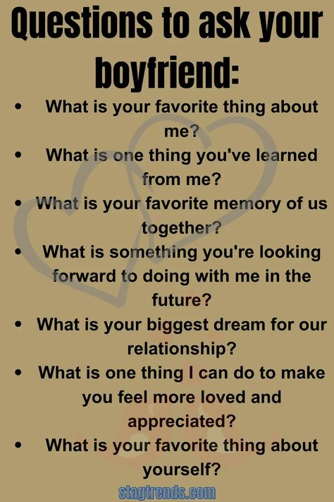 Questions to ask your boyfriend Things A Boyfriend Should Do, Ask Your Bf These Questions, Good Question To Ask Your Boyfriend, Bf Test Questions, Asking Questions To Boyfriend, What To Ask Boyfriend, Question For Husband, Questions To Ask Your Boyfriend Middle School, Question Ask To Your Boyfriend