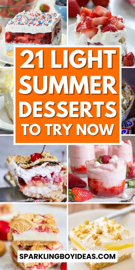 Looking for refreshing summer desserts? Try these delicious and easy summer dessert ideas! From fruity popsicle recipes to summer cakes like lemon cakes, and strawberry cakes, these summer treats are perfect for any summer occasion. Whether you're hosting a backyard BBQ or just looking for a sweet treat to cool down with, these summer recipes are sure to hit the spot. Don't miss out on the best summertime desserts of the year! Lite Dessert Recipes, Cookout Desserts For A Crowd, Light Desserts Recipes Healthy, Light Desserts Easy, Picnic Desserts Easy, Summer Trifle Recipes, Summer Picnic Desserts, Watermelon Desserts, Summer Bbq Desserts
