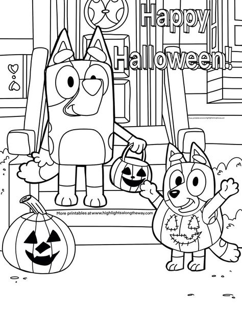 instant download printable coloring page bluey and bingo for Halloween Bluey Halloween, Desenhos Halloween, Free Halloween Coloring Pages, Halloween Coloring Sheets, Bluey And Bingo, Halloween Worksheets, Halloween Printables Free, Halloween Preschool, Fall Coloring Pages