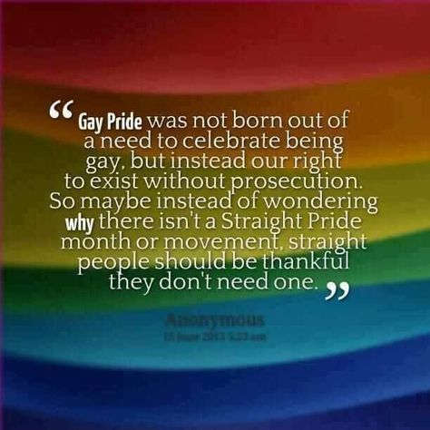 Gay pride was not born out of a need to celebrate being gay, but instead our right to exist without prosecution. So maybe instead of wondering why there isn't a straight pride month or movement, straight people should be thankful they don't need one. Gay Pride Quotes, Gay Quotes, Secular Humanist, Pride Quotes, Lgbtq Quotes, Lgbt Quotes, Lgbt Equality, Straight People, Lgbt Rights