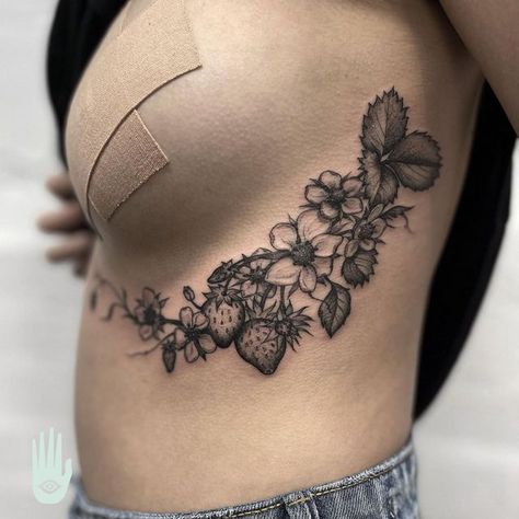 Hamsa Tattoo on Instagram: "How incredible is this strawberry piece!? Made by @bobbiedazzlertattoo who pieced this together on the body to make sure this fit absolutely perfectly!" Patchwork, Plants Around Knee Tattoo, Wildflower Tattoo Sternum, Skull Strawberry Tattoo, Strawberry Mushroom Tattoo, Aesthetic Stomach Tattoo, Flowers And Berries Tattoo, Strawberry Skull Tattoo, Strawberry Blossom Tattoo