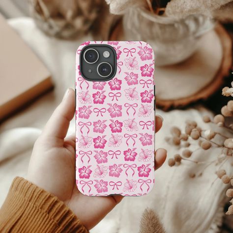 Edit | Coastal Coquette Bow Pink Hibiscus Collage Phone Case iPhone 15 Pro 14 Plus 13 Pro Max 12 Mini 11 X XR XS 8 Y2K Floral Surf Girl Aesthetic