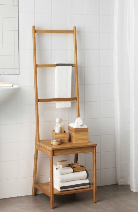 Towel Rack Chair - Mad About The House Ragrund Ikea, Toallero Ideas, Bathroom Shelving Unit, Maximize Small Space, Bathroom Stool, Bamboo Bathroom, Shelf Unit, Space Saving Storage, Small Storage