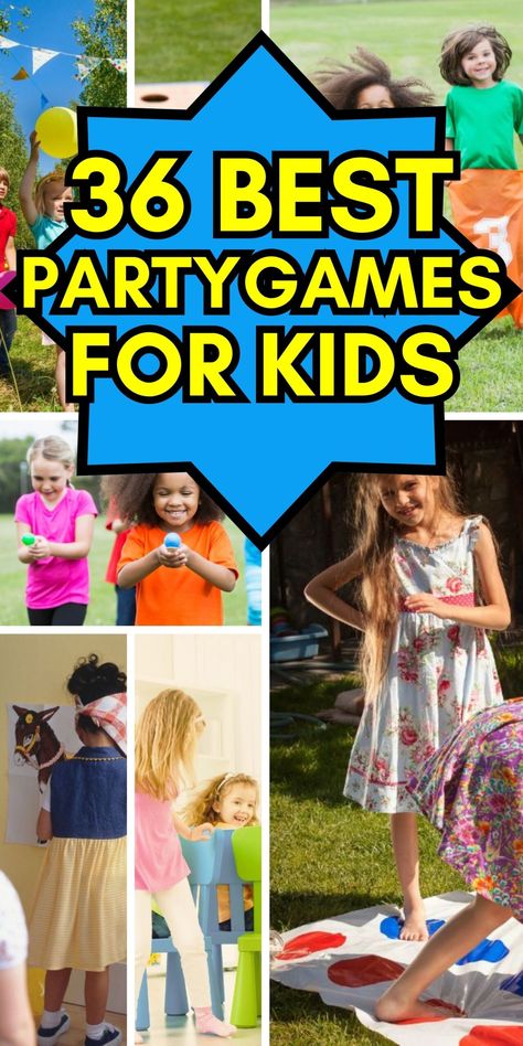 A collection of the 36 best party games for kids, fun DIY games that are great party entertainment at kids' birthday parties. Indoor party games, outdoor party games, classic party games, traditional party games. Games that are brilliant for big groups and for small parties. Low prep and no prep party games, instructions, rules and how to play, list of props, games for preschool, elementary and primary school age kids, age 5 to 10 years old, Easy, Christmas party games, sleepover party games 5 Year Birthday Games, Games To Do At A Bday Party, Elementary Party Games, Party Games For Girls Birthday, Classic Birthday Party Games, Funny Games For Groups Kids, Birthday Party Games For Kids Age 8, Games For Class Party, 6 Year Birthday Party Games
