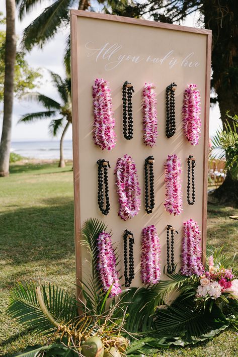 Leis For Wedding, Wedding Leis Hawaiian, Orchid Lei Wedding, Hawaiian Reception Ideas, Beach Wedding Tropical Theme, Hawaiian Theme Engagement Party, Hawaiian Theme Wedding Decorations, Hawaiian Anniversary Party Ideas, Hawaiian Wedding Shower Ideas