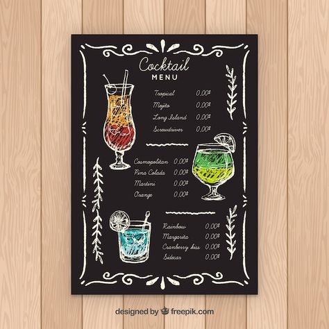 Cocktail menu template in blackboard sty... | Free Vector #Freepik #freevector #cocktail-menu #alcohol-menu #drink-menu #bar-menu Bar Chalkboard Ideas, Blackboard Menu, Cocktail Restaurant, Drink Menu Design, Juice Menu, Colorful Restaurant, Smoothie Menu, Menu Sans Gluten, Halloween Menu