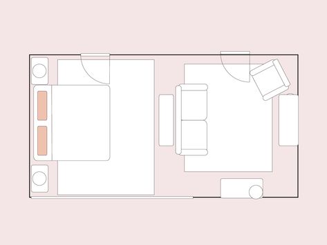 We Asked 3 Designers Exactly How to Lay Out a Master Bedroom Master Suite Seating Area, How To Lay Out A Bedroom, Long Master Bed Layout, Long Master Suite Layout, Long Bedroom Layout Master Suite, 12 X 13 Bedroom Design, Long Bedroom Design, Bedroom Seating Area Ideas Master Suite, Narrow Bedroom Ideas Layout