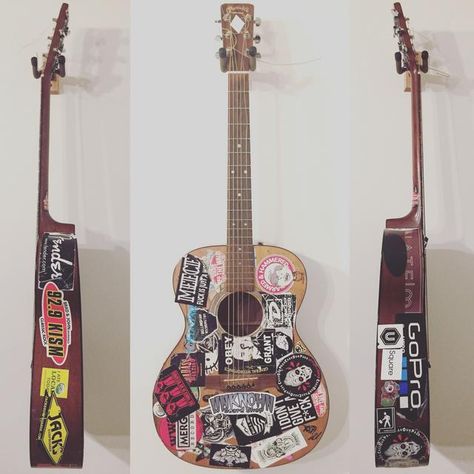 Guitar Acoustic Design, Acoustic Guitar Stickers Ideas, Customized Acoustic Guitar, Sticker Bombed Guitar, Acoustic Guitar Aesthetic Stickers, Stickers On Guitar Acoustic, Guitar With Stickers Acoustic, Stickers On Guitar, Acoustic Guitar Stickers