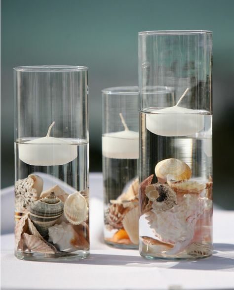 great centerpieces for a beach wedding! #wedding #beach #centerpeice Seashell Crafts, Strand Decor, White Floating Candles, Candle Decorations, Beach Wedding Centerpieces, Glass Cylinder Vases, Tea Candle, Hawaiian Party, Cylinder Vase