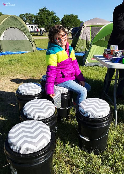 Sit Upons Girl Scout Diy, Diy Sit Upon, Camp Buckets With Lights, Sit Upon Bucket, Girl Scout Sit Upon, Sit Upon Girl Scout, Sit Upon, Camping Buckets With Lights Diy, Glamping Decor Ideas