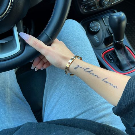 Golden Hour Tattoo, Arm Writing Tattoo, Hour Tattoo, Travel Photography Aesthetic, Handwriting Tattoos, Tattoo Fonts Cursive, Cursive Tattoos, Pretty Hand Tattoos, Ankle Tattoos For Women