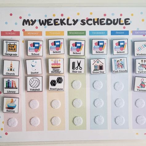 Kids Weekly Planner, Custom Weekly Kids Calendar, Visual Schedule for toddlers, preschool or kindergarten kids (already made, physical copy) | Weekly Printable Planner By  Sheryl Holm Weekly Visual Schedule, Kindergarten Weekly Schedule, Visual Schedule For Kindergarten, Visual Calendar For Kids, Weekly Planner Family, Diy Schedule Board Kids, Visual Daily Schedule For Preschool, Weekly Activity Schedule For Kids, Diy Visual Schedule For Kids