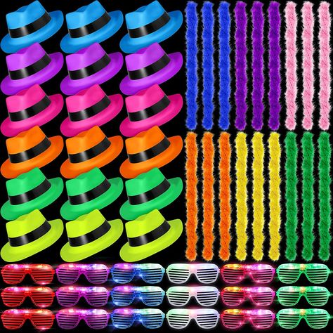 Amazon.com: 54 Pieces Neon Party Supplies 18 Pcs Glow Light up LED Flashing Shutter Shades Glasses with 18 Pcs Neon Gangster Hats 18 Pcs Colorful Feather Boas for 80's Style Carnival Mardi Gras New Years Party : Toys & Games Neon Party Ideas For Adults, Neon Glow Party Food, Tropical Neon Party, Neon Party Foods, Glow Party Food, Glow Birthday Party Ideas, Neon Outfits Party, Neon Disco Party, Neon Party Supplies