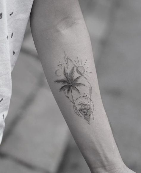 Beach Geometric Tattoo, California Aesthetic Tattoo, Ohana Palm Tree Tattoo, Destination Tattoo Ideas, Triangle Beach Tattoo, Beach Tattoo For Women, Geometric Beach Tattoo, Wave Beach Tattoo, Beach Tattoo Small