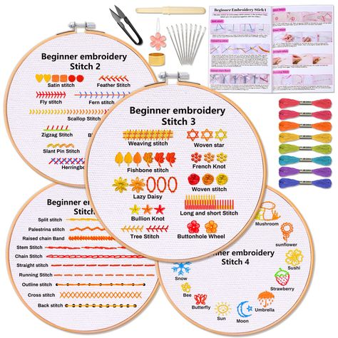 PRICES MAY VARY. 👍【Great Value Beginner Embroidery Kit】Hand embroidery kit includes 4 pcs embroidery cloths with patterns, 1 pc bamboo embroidery hoop,1 pc instruction, 1 pc small scissors(Warm Tips: Scissors style is randomly sent.), 1 set 9 colors embroidery thread, 9pcs embroidery needles, 1 pc thimble, 1 pc needle threader, 1 pc seam ripper. Each stitch can be practiced a few times so that you can be more deeply learning stitch and can share it with others. 💝【Warm Tips】We added an embroide Long And Short Stitch, Beginner Embroidery, Beginner Embroidery Kit, Lazy Daisy Stitch, Feather Stitch, Beginners Embroidery, Stitches Embroidery, Embroidery Tools, Embroidery Stitch