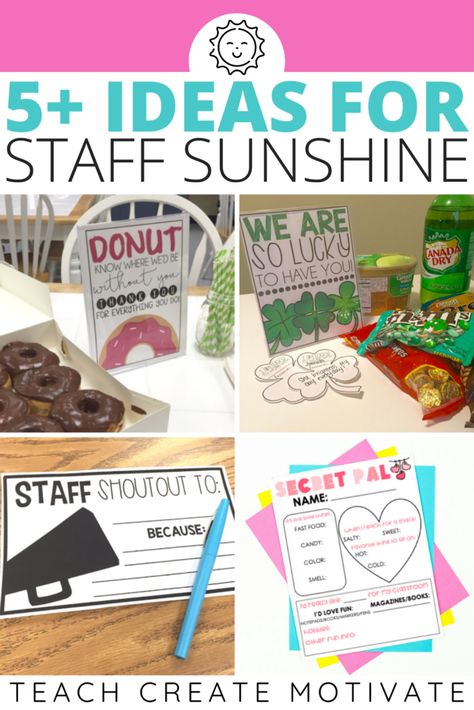 Sunshine Club Back To School, Sunshine Committee Holiday Ideas, Culture And Climate Committee, Instructional Coach Appreciation Gifts, Teacher Brunch Ideas, Spirit Committee Ideas, School Morale Boosters Teacher Lounge, Teacher Of The Week Ideas, Culture Club Ideas