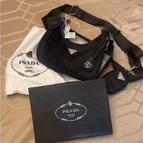 Nwt Prada Crossbody With Upper Shoulder Strap Pouch Authenticity Tag, With Original Dust Bag And Box Included Sunoo Prada, Prada Nylon Bag, Prada Nylon, Prada Crossbody, Prada Bags, Nylon Bag, Prada Bag, Black Silver, Prada