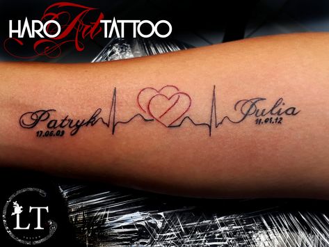 Tattoo by LT from Haro Art Tattoo in Kleve. Kids Names and Heartbeats tattoo.   #tattoo #haroarttattoo #tattoogermany #kleve #freeappointmensts #ink #tattooshop Heartbeat Tattoo With Name, Remembrance Tattoo, Heartbeat Tattoo Design, Rosen Tattoo Frau, Small Wave Tattoo, Name Tattoos For Moms, Baby Name Tattoos, Pola Tato