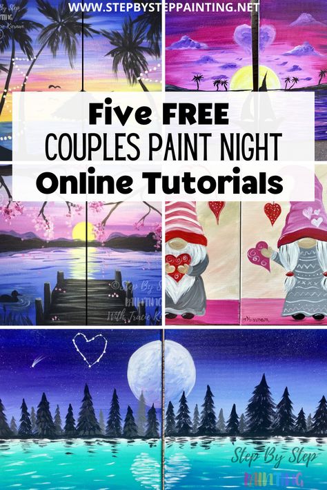 Couples Painting Tutorials - Free Online Paint Night At Home Tela, Couple Paint Night Ideas, Paint And Sip Date Night At Home, Easy Paintings For Couples, Wine And Paint Night Ideas, Paint Night Tutorials, Sip And Paint Ideas Couples At Home, Paint Date Night At Home, Canvas Painting Ideas For Couples