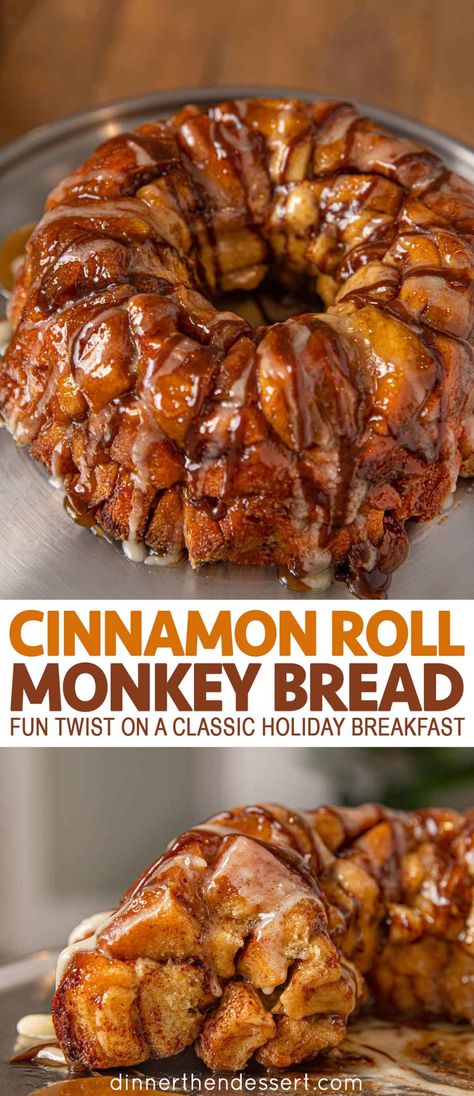 Cinnamon Roll Monkey Bread is fun and easy twist on the perfect holiday breakfast made with refrigerated cinnamon rolls, brown sugar, butter and cinnamon. #cinnamon #cinnamonroll #cinnamonrollmonkeybread #monkeybread #christmasrecipe #holidays #dinnerthendessert Essen, Pecan Monkey Bread, Cinnamon Roll Monkey Bread, Brown Sugar Butter, Breakfast Bread Recipes, Monkey Bread Recipes, Breakfast Sweets, Holiday Breakfast, Monkey Bread