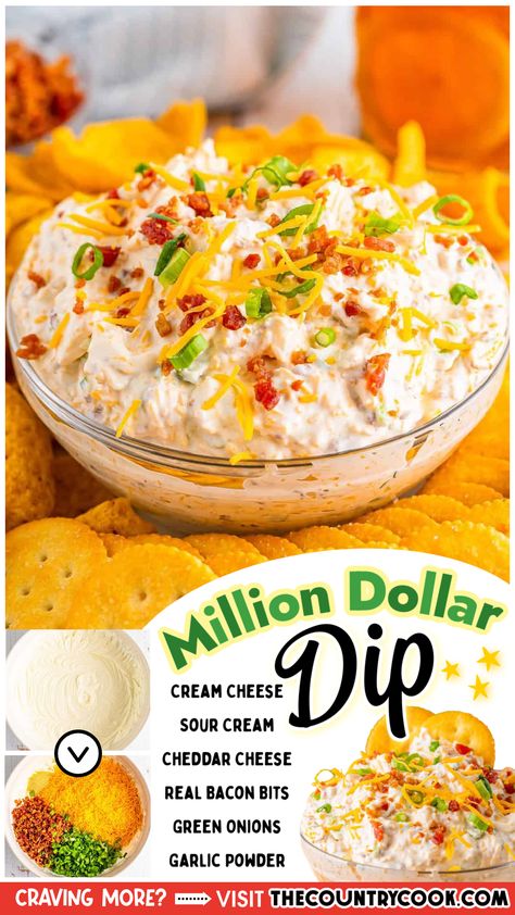 In just 5 minutes you can make this simple, creamy, 6-ingredient Million Dollar Dip that is bursting with cheese and bacon flavors! Chips And Dip Appetizers, Essen, Dips With Bread Appetizers, Dips To Eat With Cucumbers, Good Side Dishes To Bring To A Party, 5 Million Dollar Dip, 5 Million Dollar Dip Recipe, Easy Homemade Dips For Chips, 4 Ingredient Dip