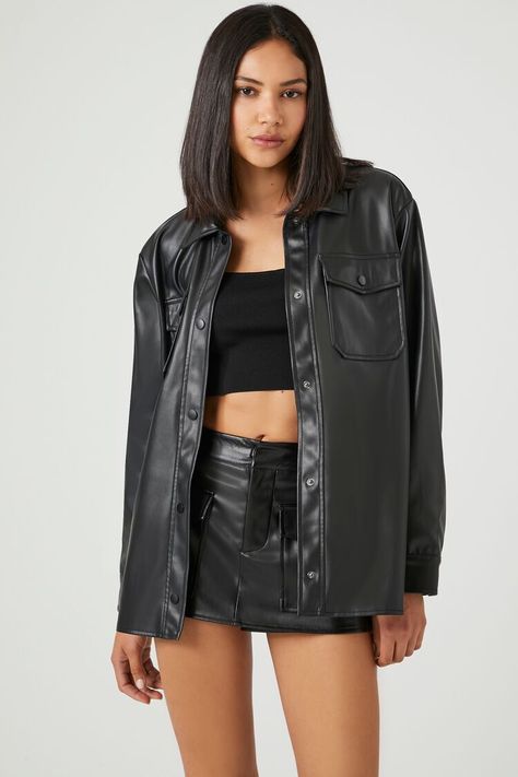 Faux Leather Vented Shacket Faux Leather Shacket Outfit, Leather Shacket Outfit, Leather Shacket, Shacket Outfit, Jacket Outfit, Jacket Outfits, Flap Pocket, Snap Button, That Look