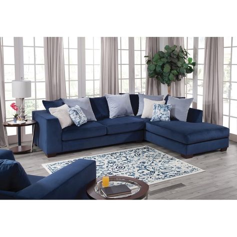 This is a two-piece sectional with a chaise lounge in a casual, comfortable style. The loose back pillows allow you to arrange them to your liking. The sectional is deep seated for comfort with non-reversible seat cushions. Blue Couch Living, Blue Furniture Living Room, Blue Couch Living Room, Blue Sofas Living Room, Navy Blue Sofa, Navy Living Rooms, Blue Sectional, Navy Blue Living Room, Blue Living Room Decor