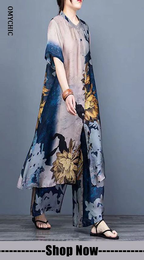 Women Blue Stand Collar Draping Print Silk Long shirt And Wide Leg Pants Two Piece Suit Set Summer Shirt And Wide Leg Pants, Silk Dress Design, Red Carpet Affair, Mother Of The Bride Suits, Outfits Sommer, Chiffon Frocks, Frock Fashion, Style Guru, Frocks Designs