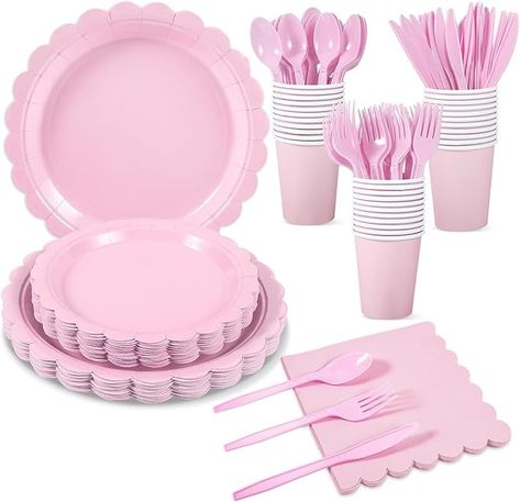 Amazon.com: Xiangqu 175 Pcs Pink Paper Plates and Napkins, 25 Guest Light Pink Party Supplies Include Pink Scalloped Plates Paper Napkins Cups Plastic Spoons Forks Knives for Baby Shower, Wedding, Birthday : Health & Household Pink Paper Plates, Light Pink Party, Pink Birthday Party Decorations, Scalloped Plates, Pink Party Supplies, Pink Plates, Pink Birthday Party, Plastic Spoons, 18th Birthday Party