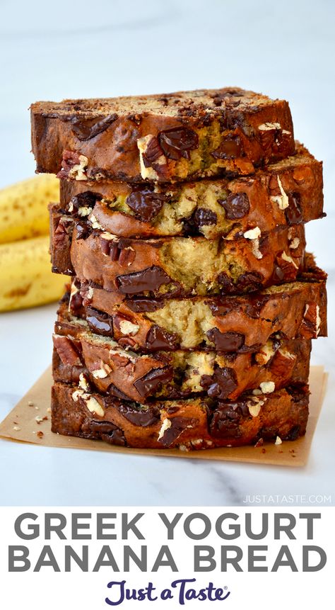 This easy banana bread recipe is extra-moist, packed with protein and loaded with your choice of mix-ins. It’s the perfect healthy breakfast, snack or dessert recipe! | Greek Yogurt Banana Bread recipe from justataste.com #moistbananabread #bananabreadrecipe #recipes #easybananabread #quickbread #healthybreakfast #greekyogurtrecipes #justatasterecipes Healthy Banana Bread Greek Yogurt Oats, Chocolate Chip Banana Bread With Greek Yogurt, Chocolate Chip Banana Bread Greek Yogurt, Banana Bread Recipe Chocolate Chip Healthy, Banana Bread Recipe With Yogurt Healthy, Chocolate Chip Banana Bread With Yogurt, Banana Bread Oat Flour Greek Yogurt, Banana Greek Yogurt Bread, Banana Bread Recipe Moist Greek Yogurt