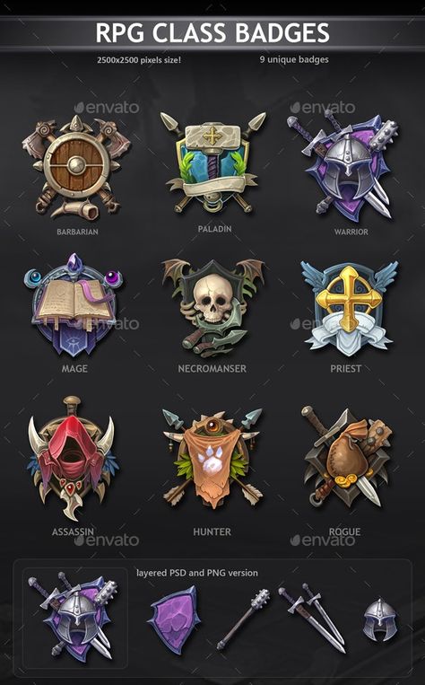 RPG Class Badges by REXARD | GraphicRiver Fantasy Crest, Item Rpg, Mouse Guard Rpg, Rpg City, Rpg Game Design, Rpg Character Sheet, Game Emblems, Rpg Wallpaper, Fantasy Classes