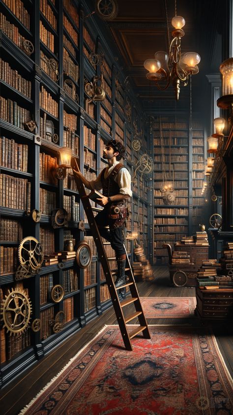 Step into the enchanting world of a dark Arcadian library, where a steampunk librarian meticulously shelves books, surrounded by the mystical allure of knowledge and adventure. Alchemist Library, Library Phone Wallpaper, Guild Aesthetic, Steampunk Librarian, Victorian Steampunk Aesthetic, Steampunk Library, Shelves Books, Dream Home Library, Gothic Library
