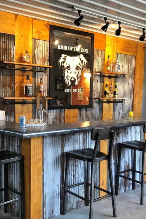 The best ideas for your basement bar including what layout to choose, how to design your home bar, wet bar ideas, the best bar accessories, signs décor and more. Garage Bar Idea, Small Rustic Bar Ideas, Front Of Bar Ideas, Simple Garage Bar, Garage Bars Diy, Garage Bar Decor Ideas, Rustic Garage Bar Ideas, Country Bar Decor, Rustic Bar Decor Ideas