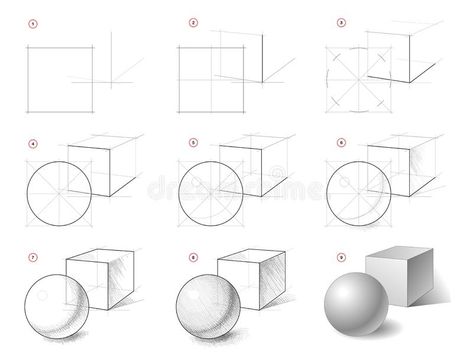 How to draw step-wise still life sketch of geometric shapes, cube, ball. Creation step by step pencil drawing. royalty free illustration Still Life Sketch, Geometric Shapes Drawing, Shading Drawing, Pencil Drawings For Beginners, Life Sketch, Perspective Drawing Lessons, Geometric Shapes Art, How To Draw Steps, Nature Sketch
