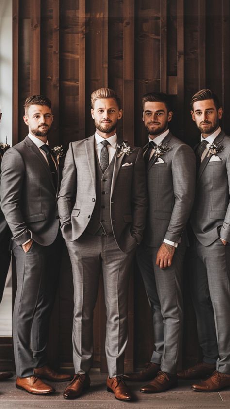 stylish groomsmen Classic Wedding Groomsmen, Taupe Wedding Colors Groomsmen, Elegant Wedding Party Attire, Black Suit Groom Grey Groomsmen, Modern Wedding Groomsmen, Groomsmen Attire Colors, Dark Grey Groomsmen Attire, Groomsman Grey Suits, Groomsmen Attire Grey Charcoal