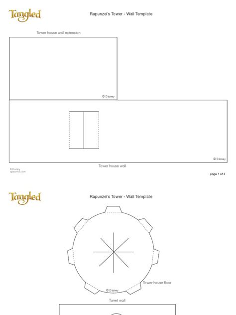 This document provides templates to build Rapunzel's tower, including pages for the tower wall, turret wall, tower floor, tower roof, turret roof, and turret bottom. The templates are copyrighted by Disney and are intended to help construct a model of Rapunzel's tower from the Disney film. Molde, Rapunzel Template, Rapunzel Tower Diy, Diy Rapunzel Tower, Tangled Rapunzel Tower, Rapunzel's Tower, Tangled Tower, Rapunzel Tower, Beautiful Tree Houses