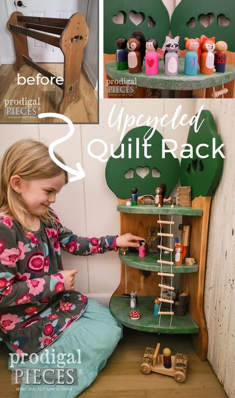 Upcycling, Montessori, Diy Wood Treehouse Toy, Woodland Treehouse, Treehouse Playset, Doll House Furniture Diy, Diy Playset, Upcycle Toys, Upcycled Quilt