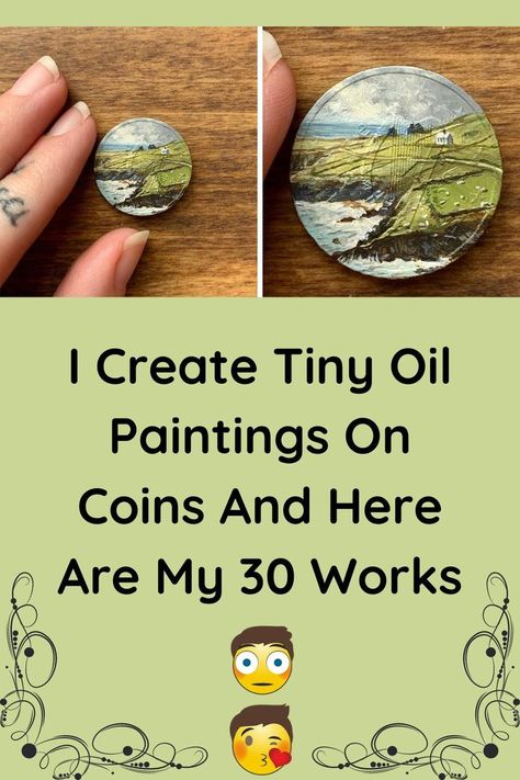 Painting On Coins, Miniature Paintings Ideas, Miniature Oil Paintings, Tiny Oil Paintings, Miniature Painting Techniques, Tiny Paintings Ideas, Miniature Painting Ideas, Coin Painting, Miniature Landscape Painting