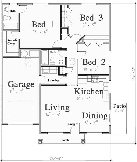 Single Story Duplex House Plan: 3 Bedroom, 2 Bath, With Garage 3 Bedroom Unit Floor Plan, House Plan With 3 Bedrooms, Single Storey 3 Bedroom House Plans, Small House Plan 3 Bedroom, 3 Bedroom Two Bath House Plans, 3bedroom Duplex House Plans, 3 Bedroom House Plan With Garage, Single Floor House Design 3 Bedroom, House Design 3 Bedrooms With Plans