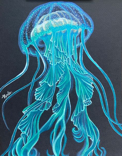 acrylic on black paper. #Jellyfish #acrylic #blackpaper #blue #sea Jelly Fish Pen Drawing, Jellyfish Gcse Art, Jellyfish On Black Paper, Blue Paper Drawing, Jellyfish Drawing Color, Underwater Chalk Art, How To Paint Jellyfish Acrylic, How To Paint A Jellyfish, Acrylic On Black Paper