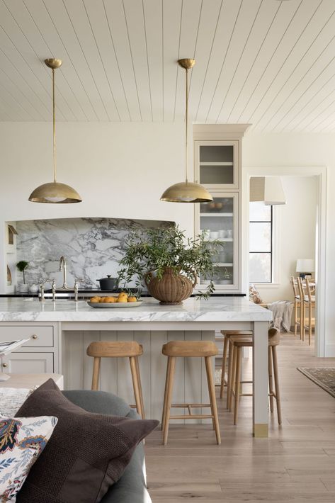 Cabinet Style Range Hood, Cream Cabinets Marble Countertops, Organic Modern Fashion, Dark Green Island, Sink On Island, Studio Mcgee Kitchen Island, Studio Mcgee Kitchens, Mcgee And Co Kitchen, Modern Traditional Kitchen