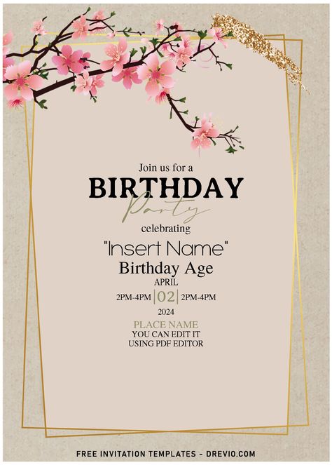 Cherry Blossom Birthday Invitation, Cherry Blossom Sweet 16 Party Ideas, Cherry Blossom Birthday Theme, Birthday Invitation Template Free Editable, Cherry Blossom Birthday, Free Party Invitations, Chinese Birthday, Happy 29th Birthday, Cherry Blossom Theme