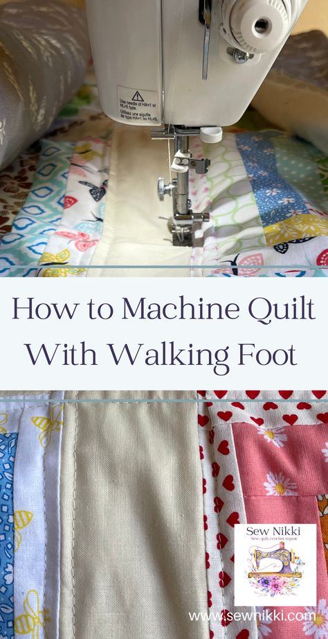 Machine quilting patterns with walking foot on domestic sewing machine- straight stitch on log cabin quilt Machine Quilting Straight Lines, How To Quilt Without A Quilting Machine, Stitch Length For Machine Quilting, Beginning Machine Quilting, Quilt On Sewing Machine, Quilt Stitching Patterns Straight Lines, Quilting Top Stitch Designs, Easy Machine Quilting For Beginners, Easy Machine Quilting Designs