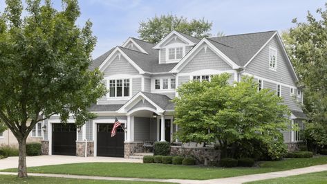 Grey Paint Outside House, Garage Paint Colors Exterior, Light French Grey Exterior, Gray Huskie Exterior Paint, Sw Uncertain Gray Exterior, Chelsea Grey Benjamin Moore Exterior, Dover Gray Exterior, Benjamin Moore Vinyl Siding Paint Colors, Repose Gray House Exterior