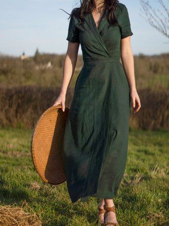 Modest Day Dresses, Crunchy Mom Dresses, Long Button Down Dress Outfits, Fall Linen Dress, Green Linen Dress Outfit, Dark Green Linen Dress, High Neck Summer Dress, Modest Outfits For Big Bust, Dress For Big Breasted Women