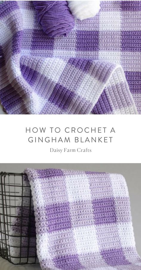 Crochet Flannel Blanket, Plaid Crochet Blanket Pattern Free, Large Amigurumi Pattern Free, Gingham Blanket, Modern Haken, Crochet Purple, Crochet Blanket Tutorial, Plaid Crochet, Purple Gingham