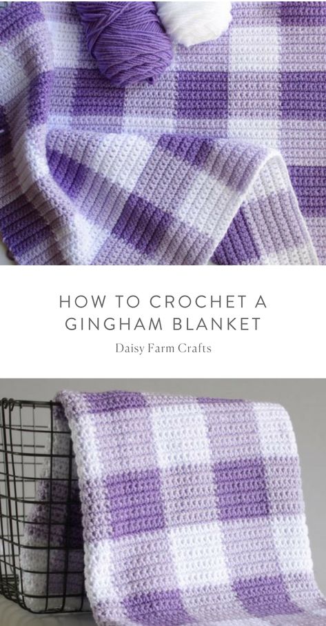 Gingham Blanket, Modern Haken, Crochet Purple, Crochet Blanket Tutorial, Plaid Crochet, Modern Crochet Blanket, Purple Gingham, Crochet Blanket Pattern Easy, Crochet Stitches For Blankets