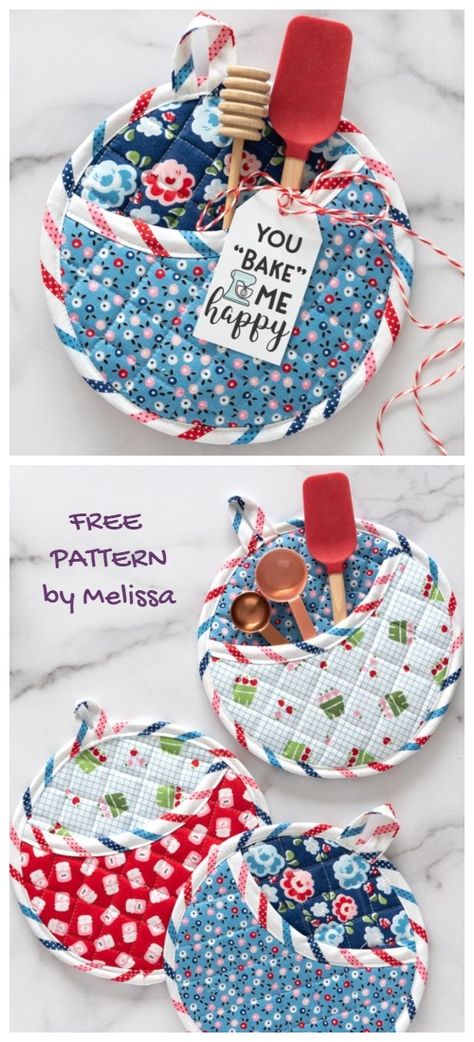 How To Make Quilted Potholders, Dish Cozy Pattern Free, Small Quilted Projects Gift Ideas, Round Pot Holders Patterns, Christmas Sewing Projects For Beginners, Round Quilted Placemats, Free Small Sewing Patterns, Free Potholder Patterns Sewing Quilted Potholders, Kitchen Sewing Patterns